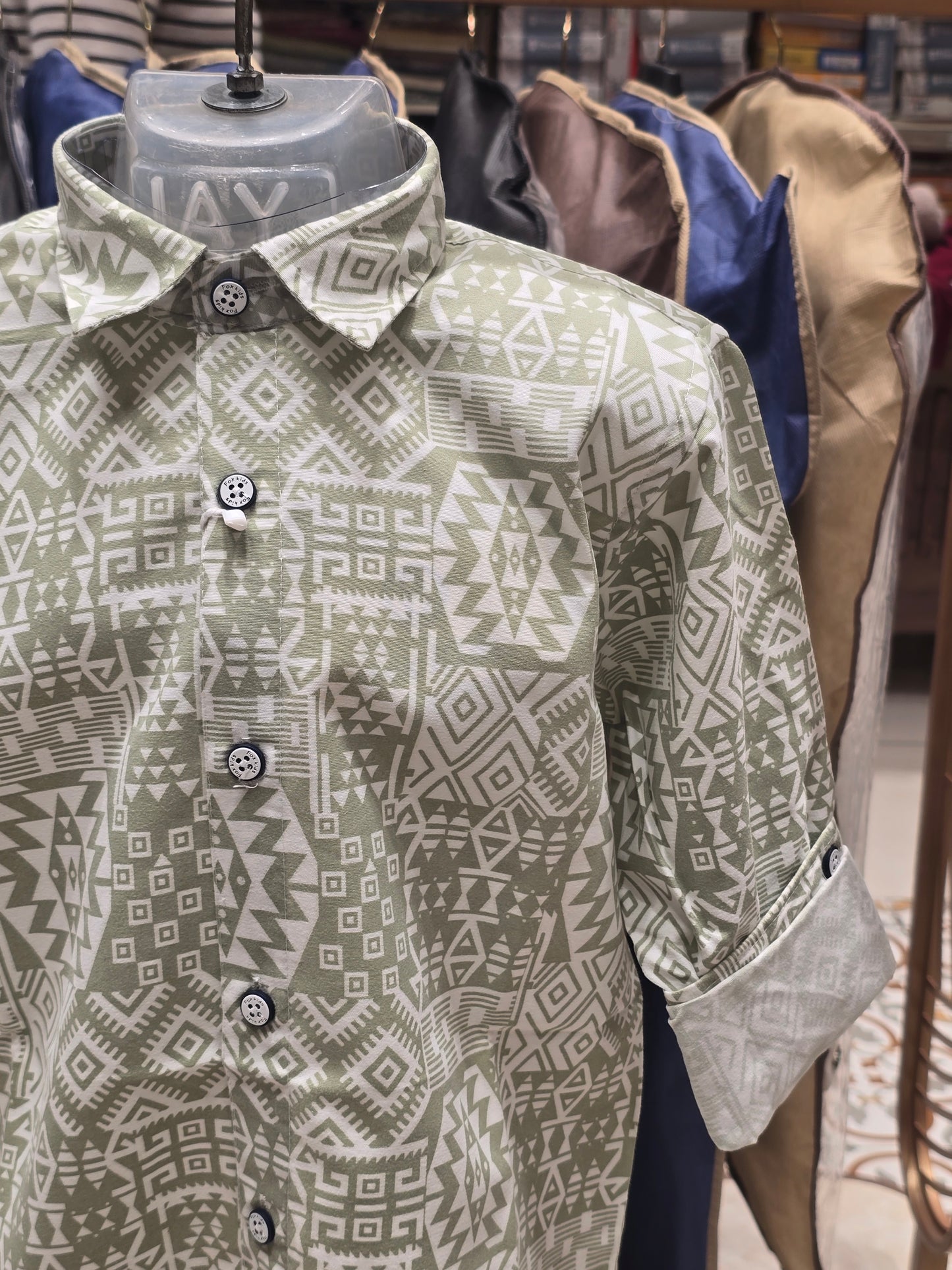 Boy White Pista Green Printed Cotton Shirt