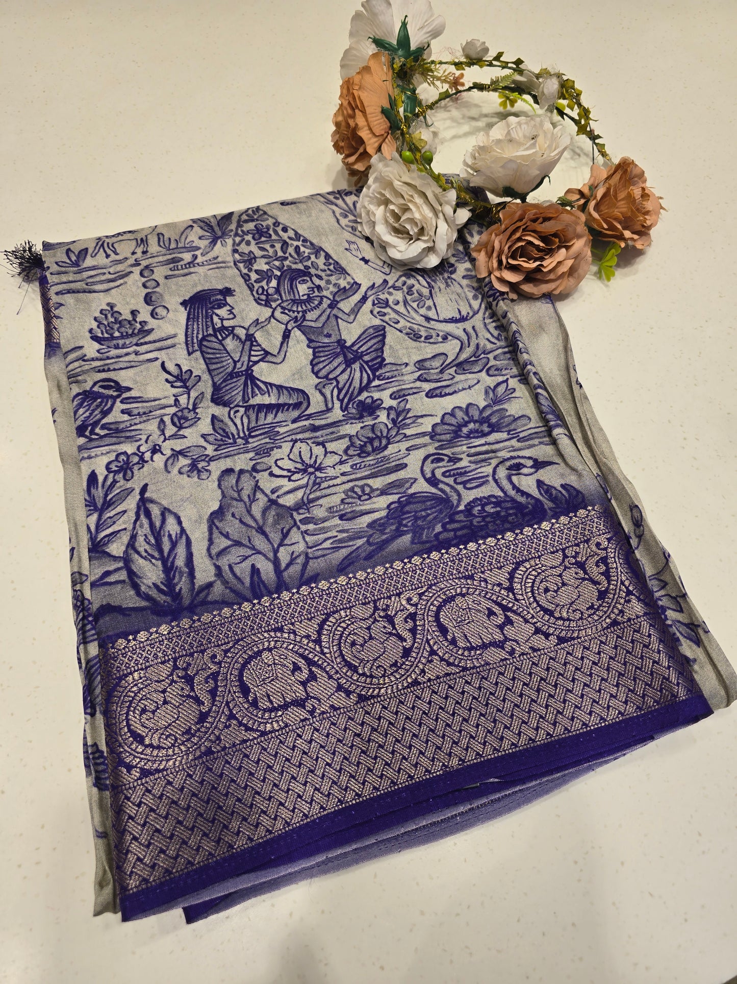 Kalamkaari Crepe Silk Saree with Artistic Border & Festive Elegance