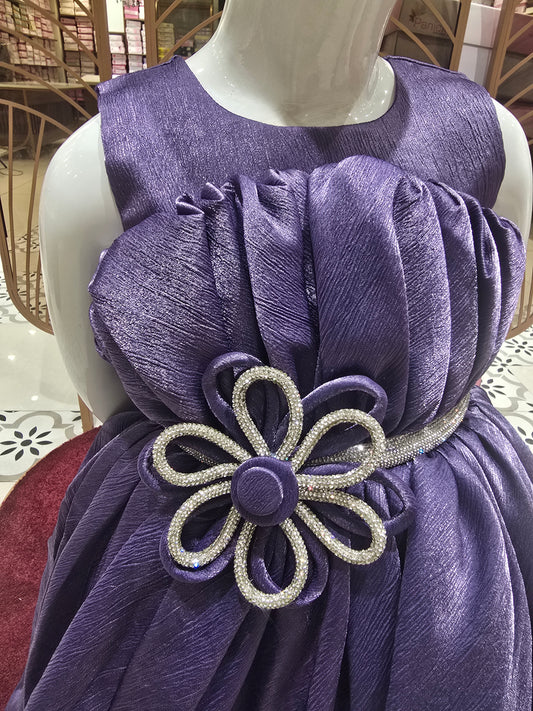 Purple Crepe Party Gown with Unique Flower Waist Design, Half-Sleeve Look – Elegant Party Wear for Girls (Age 5, Size 24)