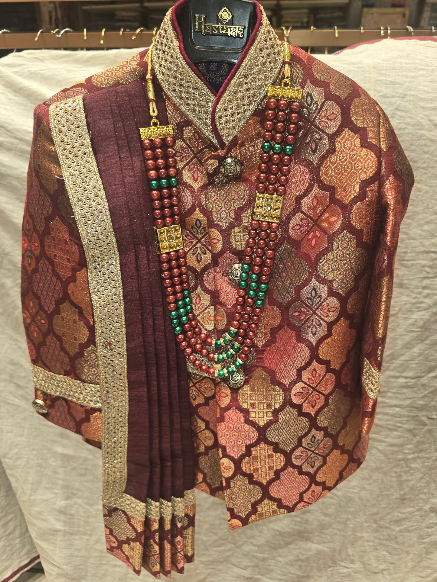 Boys Maroon Dupion Silk Indo-Western Set with Pleated Shawl and Zari Border