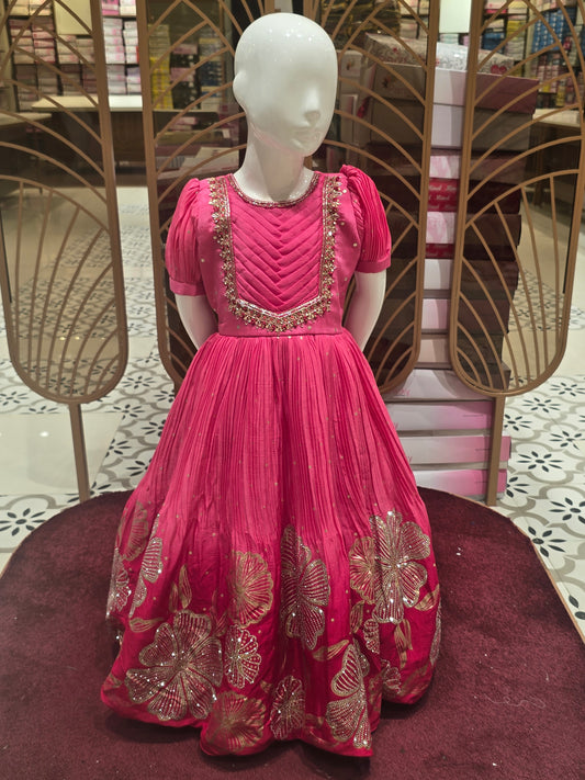 Dual Shade Pink Crepe Gown with Buf Sleeves, Hand-Work Floral Round Neck & Border Design – Traditional Wear for Girls (Age 5, Size 24)