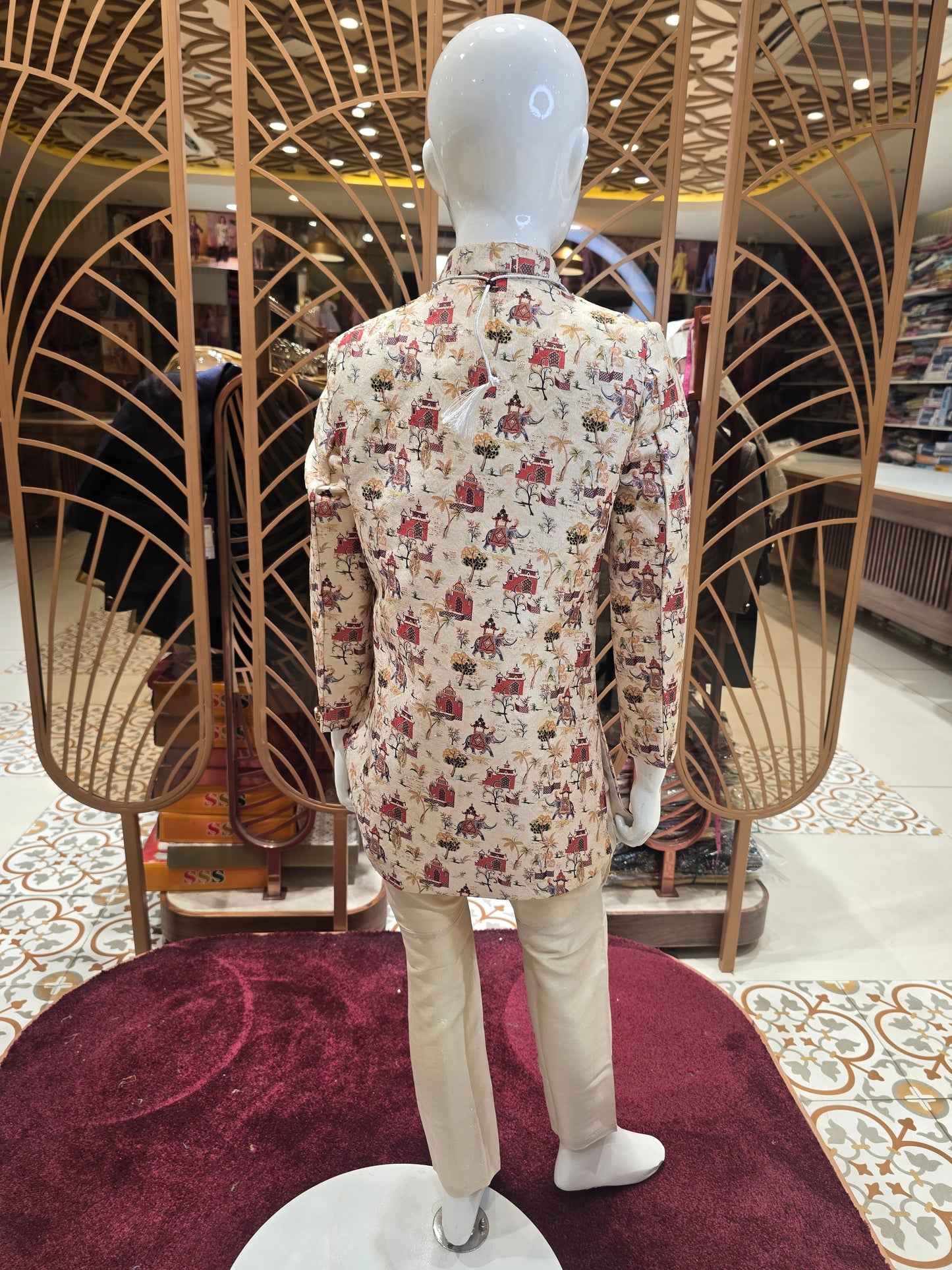 Cream Base Jakhad Fabric Digital Banarasi Printed Indo-Western Set with Micro Sequin Work, Brooch & Maala