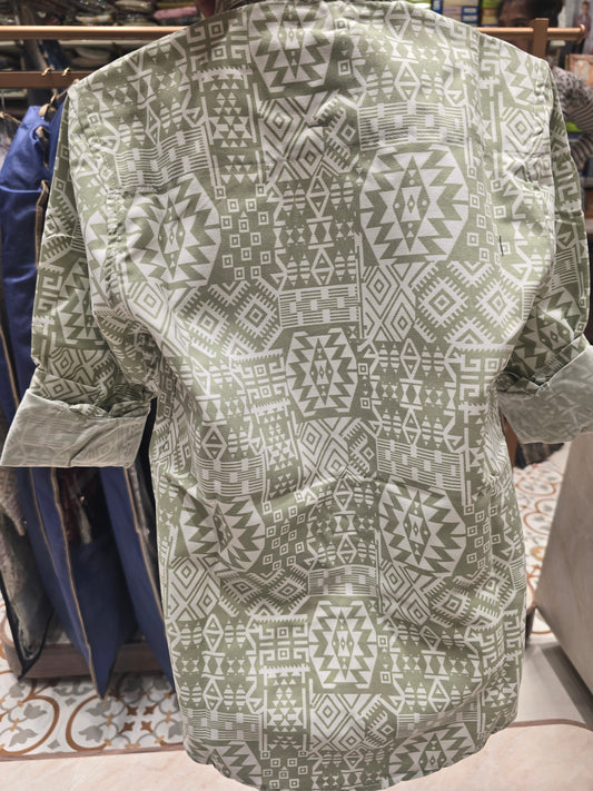 Boy White Pista Green Printed Cotton Shirt