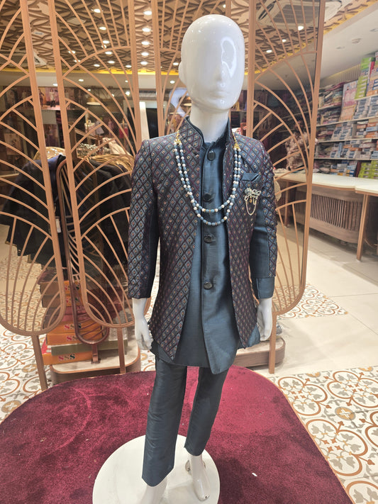 Peacock Green Shining Silk Fabric Junior Ethnic Indo-Western Set with Handwork Brooch & Maala – 2 Piece Outfit