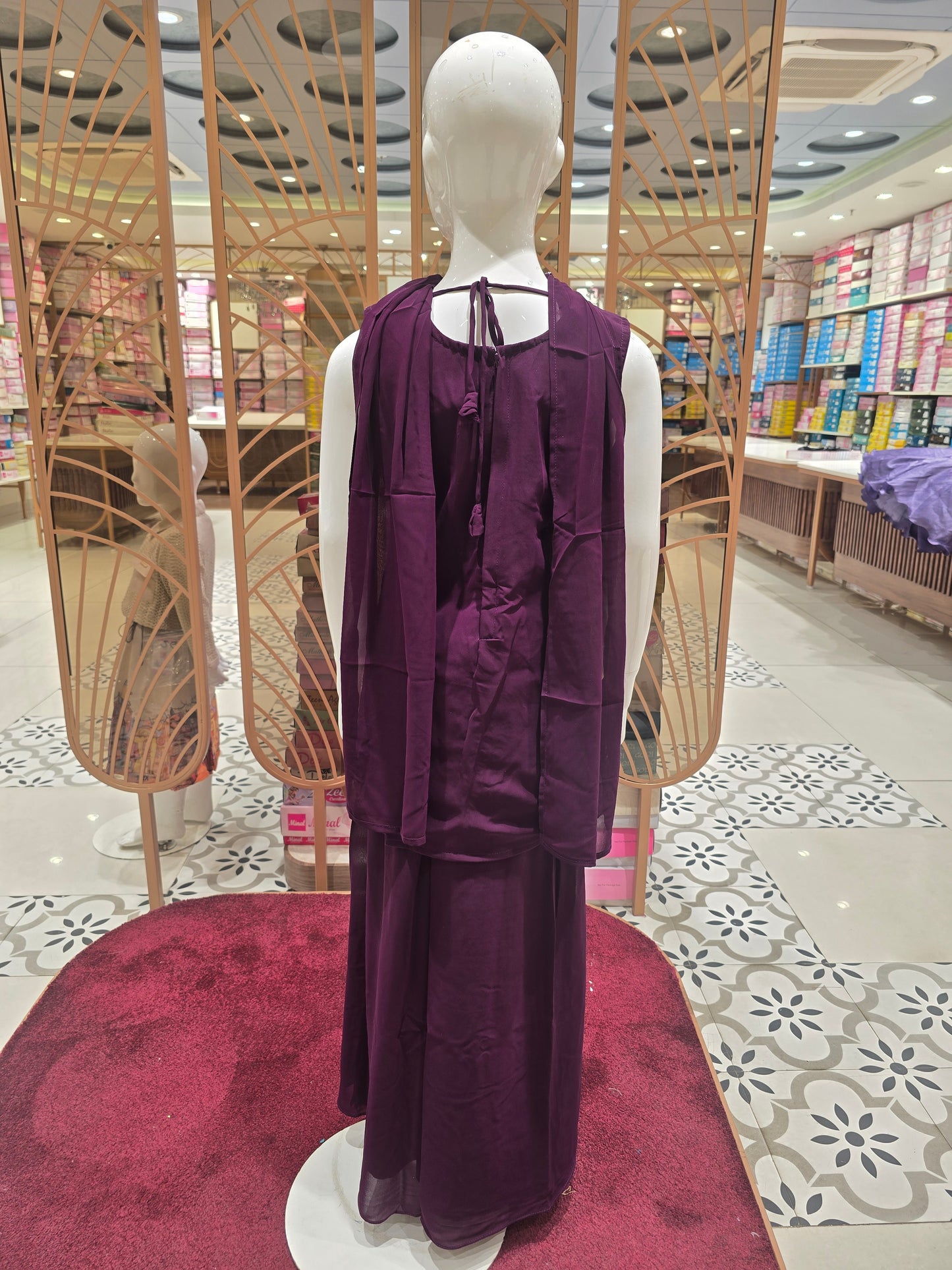 Shiffon material wine colored sharara with zari multi colored embroidery and plated plazo traditional wear with chikar dupata