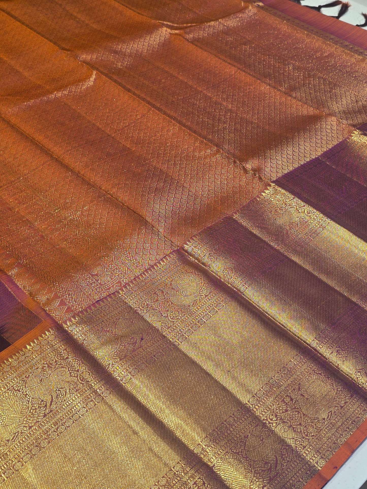 Handloom Pure Kanjivaram Silk in Purple with Contrast Border, Leaf Butta, Rich Pallu & Long Traditional Border – Wedding Wear Saree