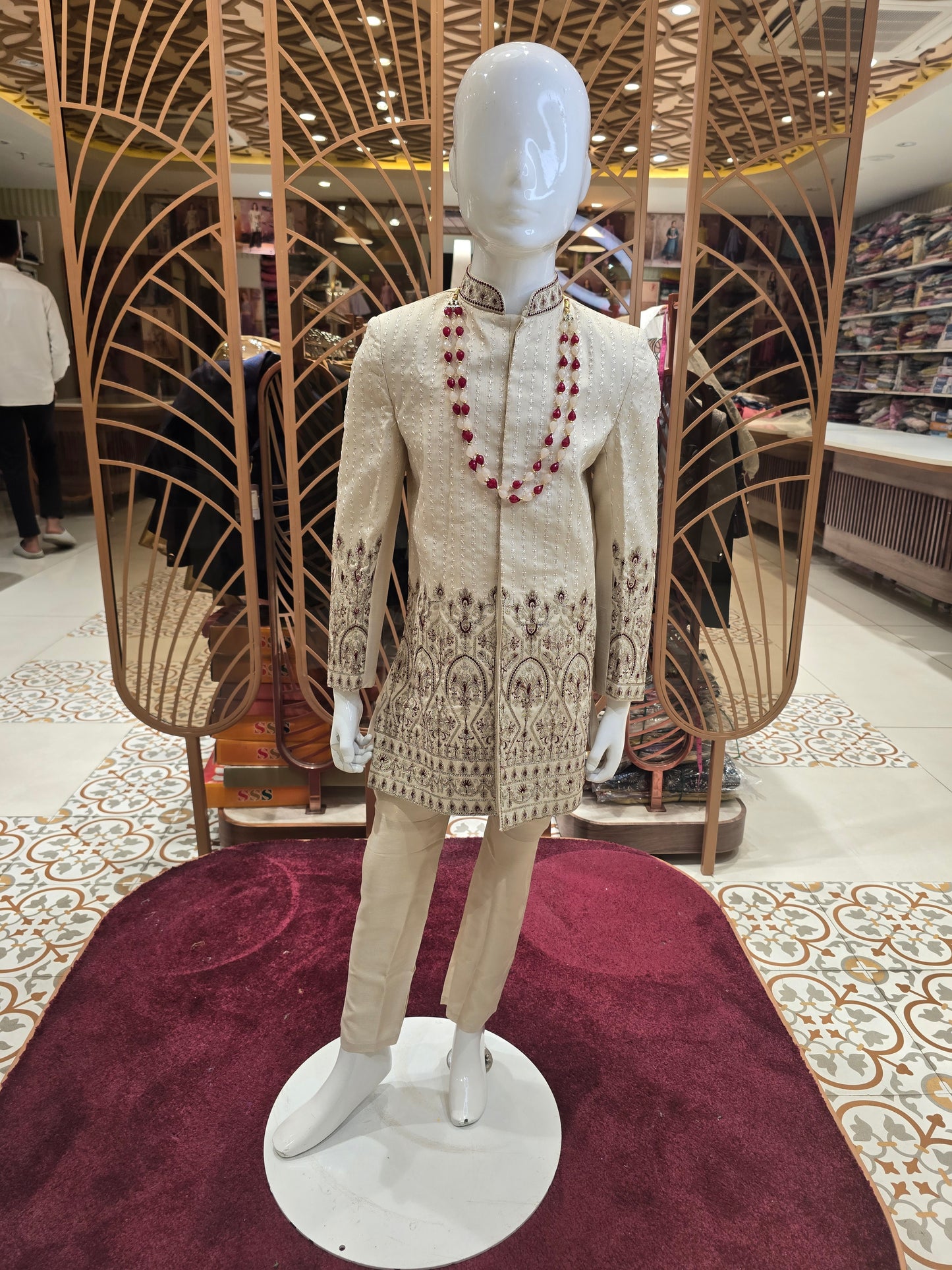 Cream Color Jakhad Fabric Indo-Western Set with Multi-Colored Embroidery & Dual-Tone Maala – Traditional Festive Wear