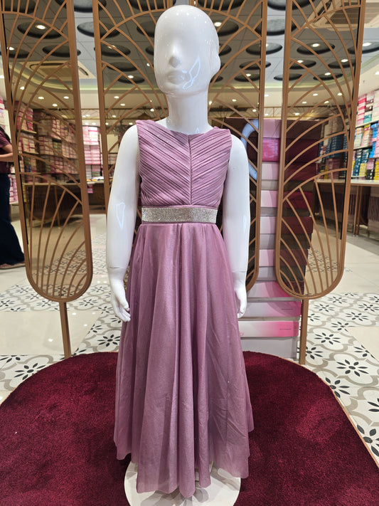 Shimmer material Gown onion pink inner has full sleeves stylish belt design