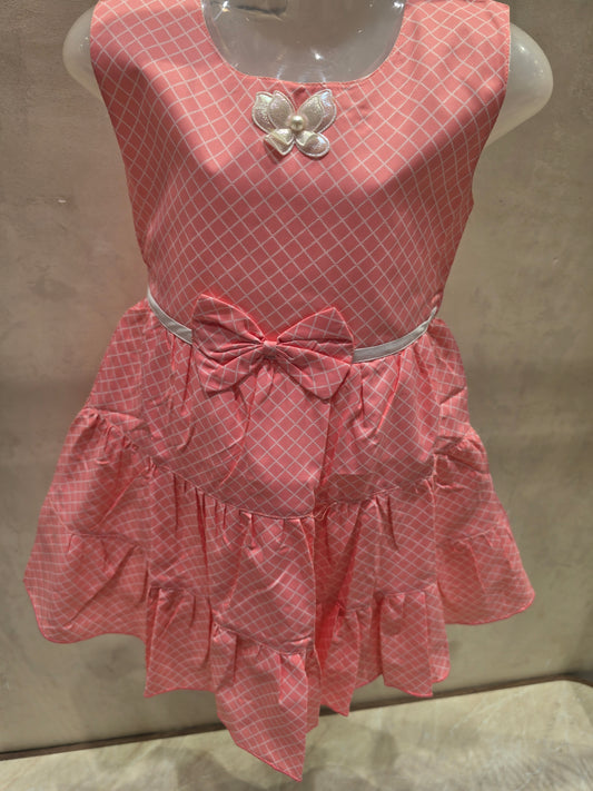 Baby Pink Cotton Checked Short Frock with Waist Bow – Sleeveless Summer Casual Wear for Girls
