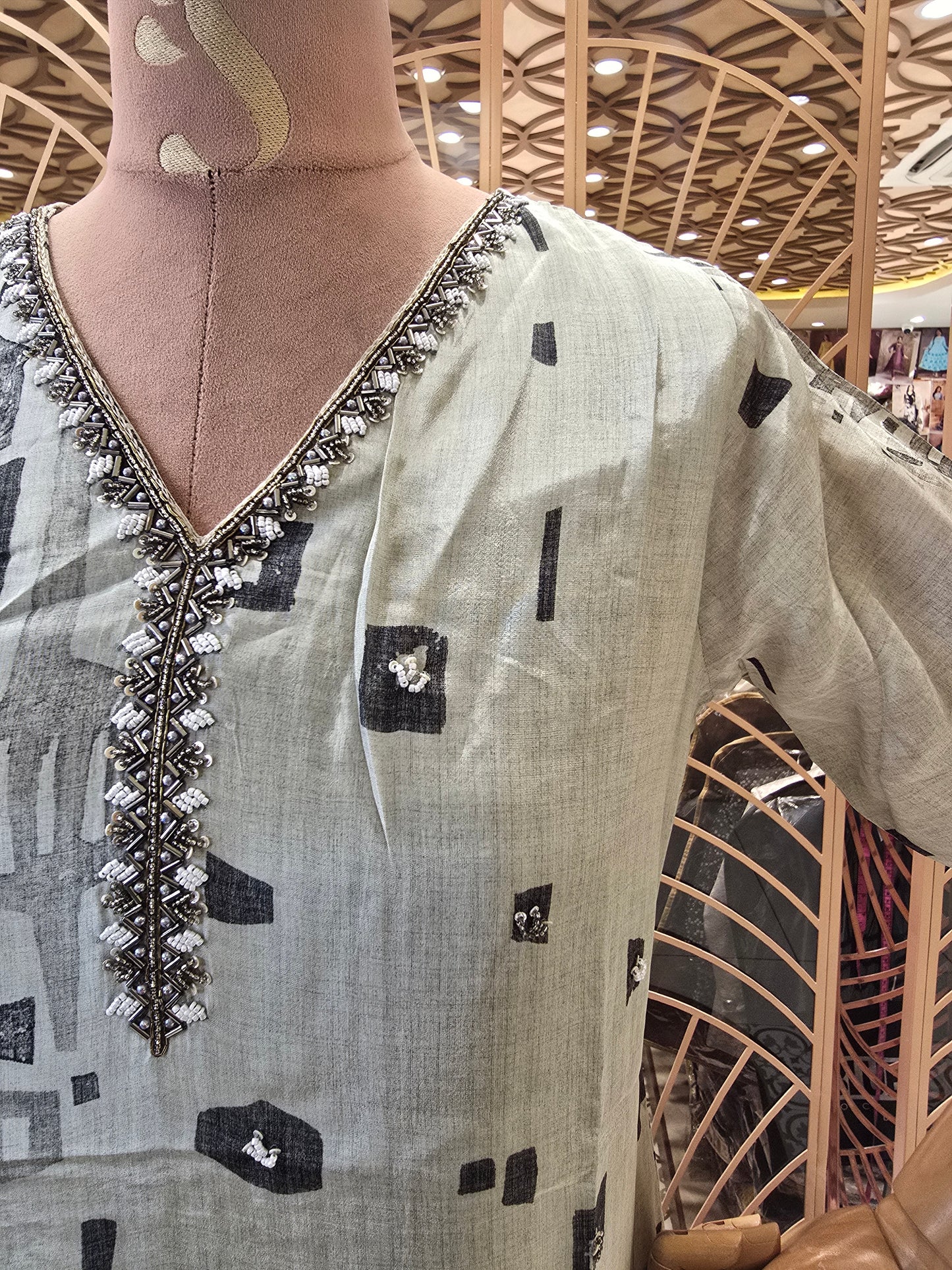 Women’s Rayon Straight Kurta in Grey with Mixed Structured Prints, Hand Work Detailing, V-Neck and ¾th Sleeves for Daily Wear