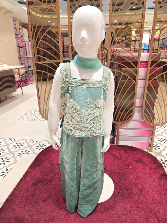 Girls Pista Organza Bead Work Sharara Set