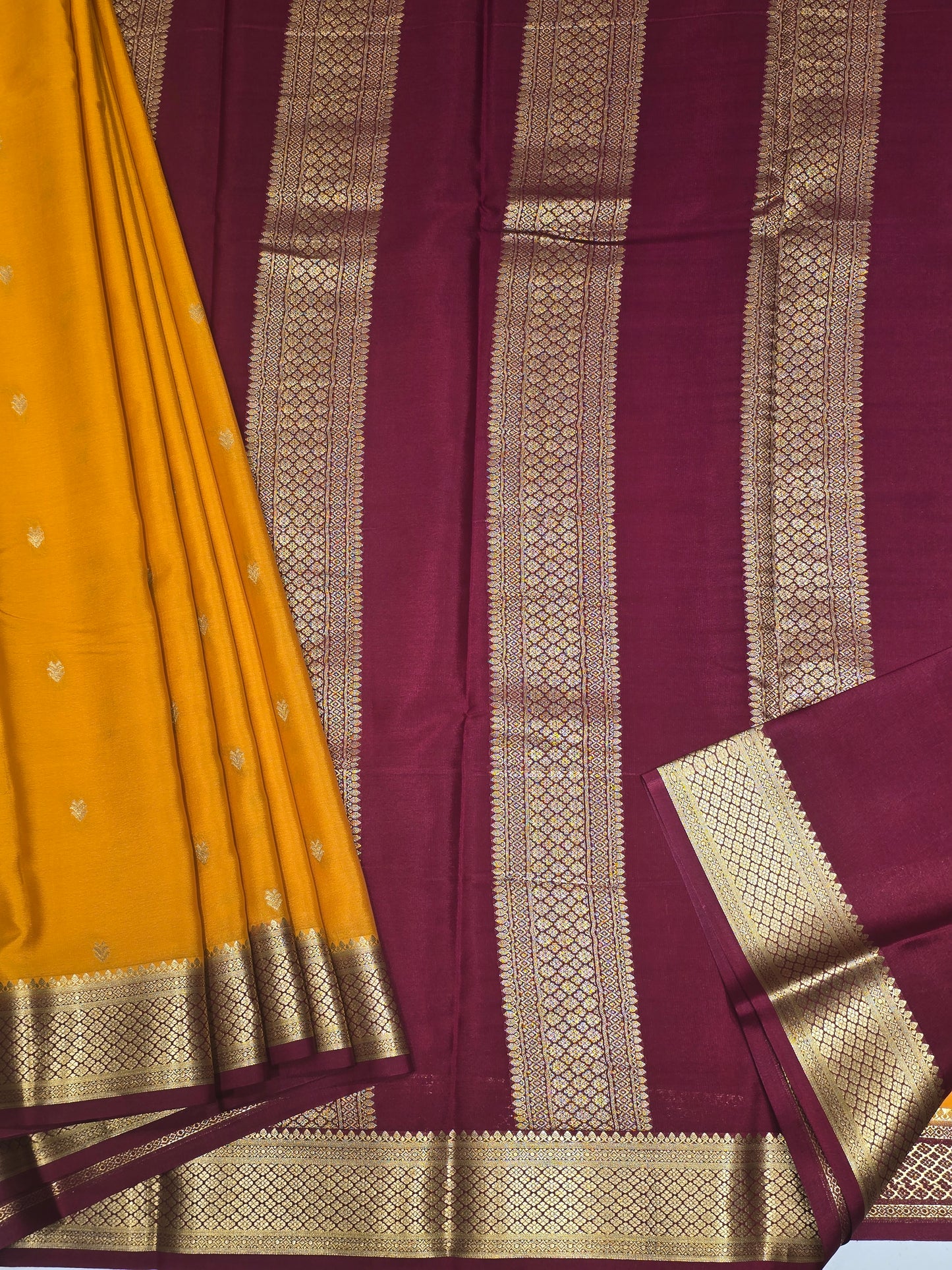 Peach Maroon Pure Mysore Crepe Silk Saree