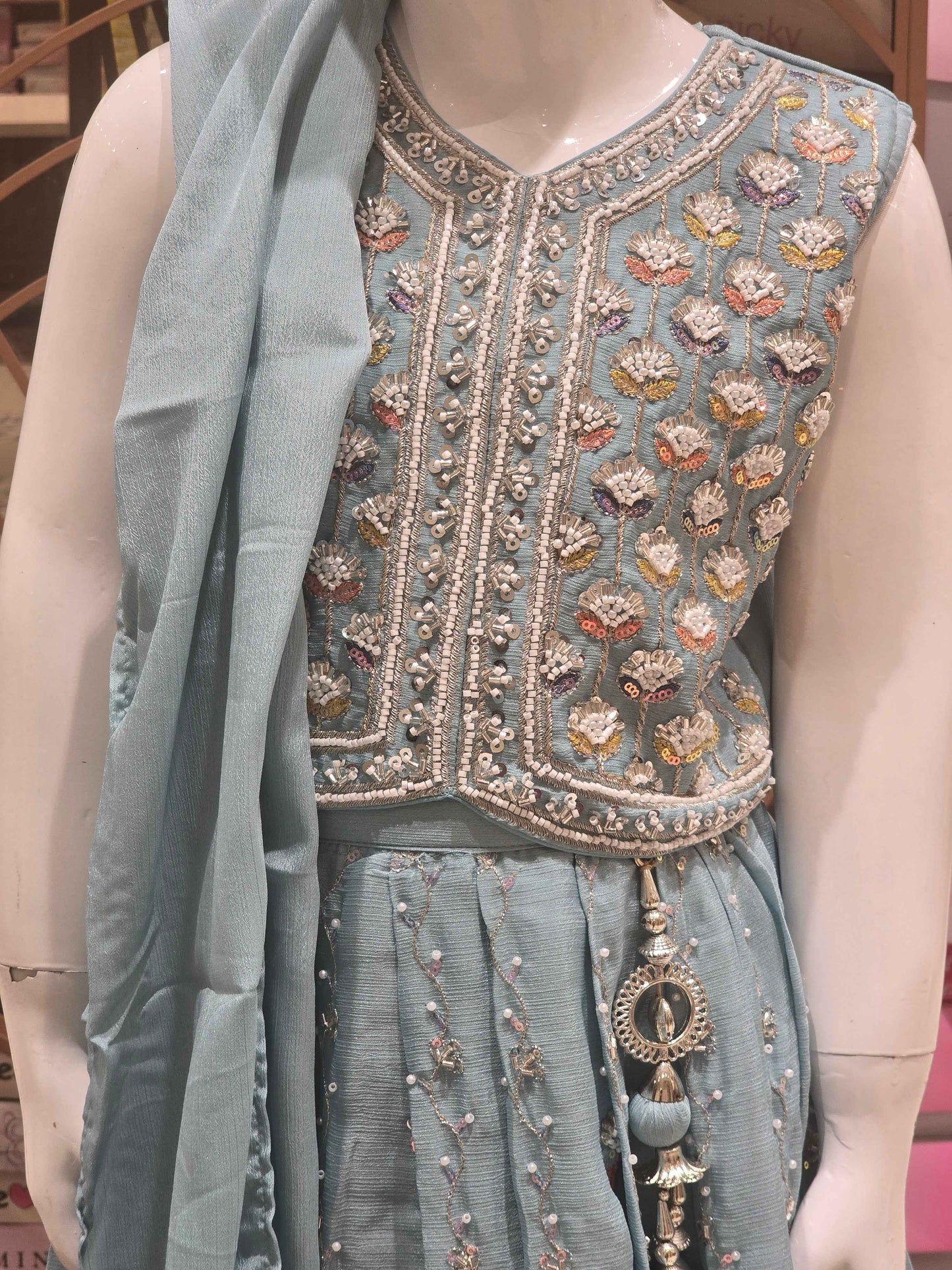 Georgette Material blue colour gaghra set with beats work