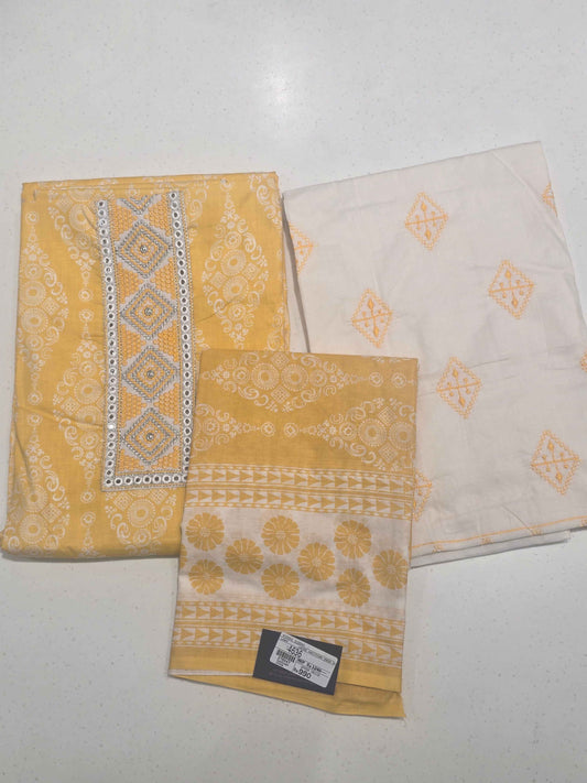 Women Yellow White Semi Cotton Dress Material Set