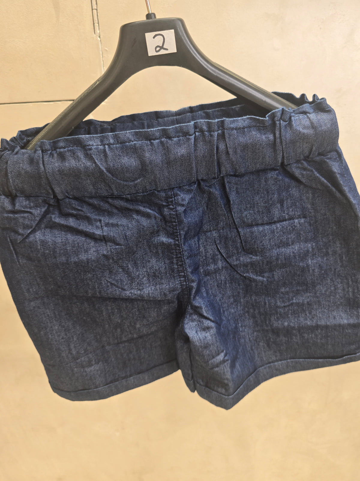 Girls Cotton Denim Jean Shorts in Dark Blue with Two Pocket Design, Elastic Waist and Tie for Summer Casual Wear