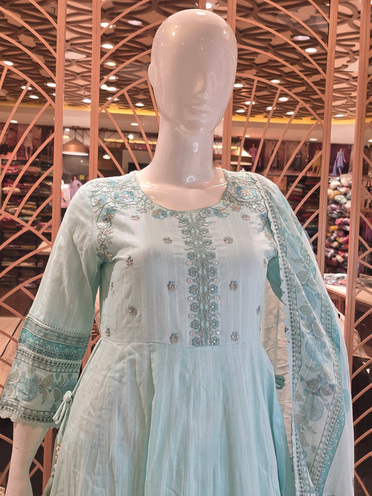 Sky Blue Cotton Anarkali Kurti Set for Women with Floral Printed Border, Micro Cutwork Detailing and Round Neck