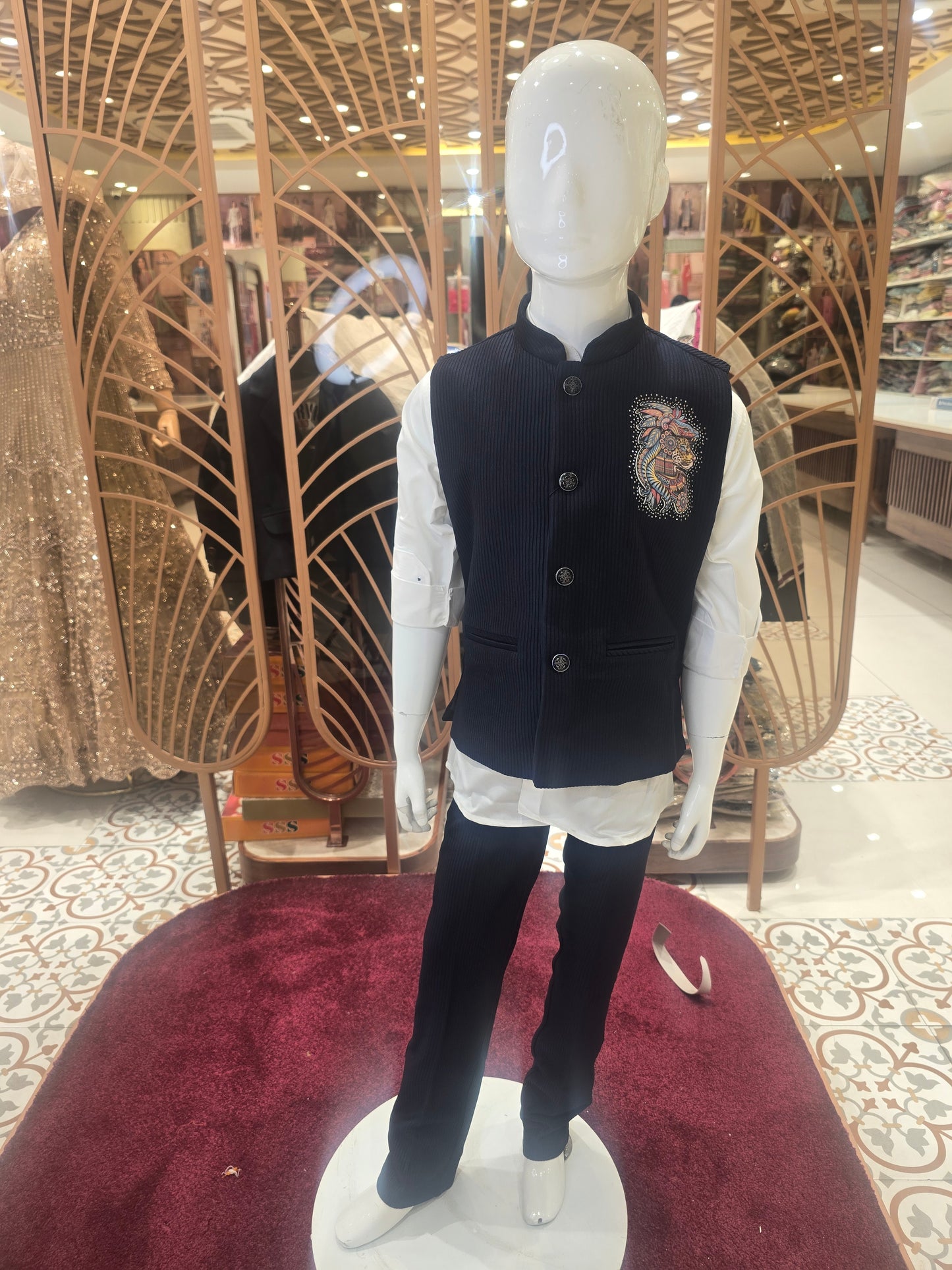 Boys Codroy Cotton Shirt and Pant Set in Navy Blue with Striped Design, Rubber Print Logo with Stone Detailing, White Shirt and Blue Pant for Summer Wear