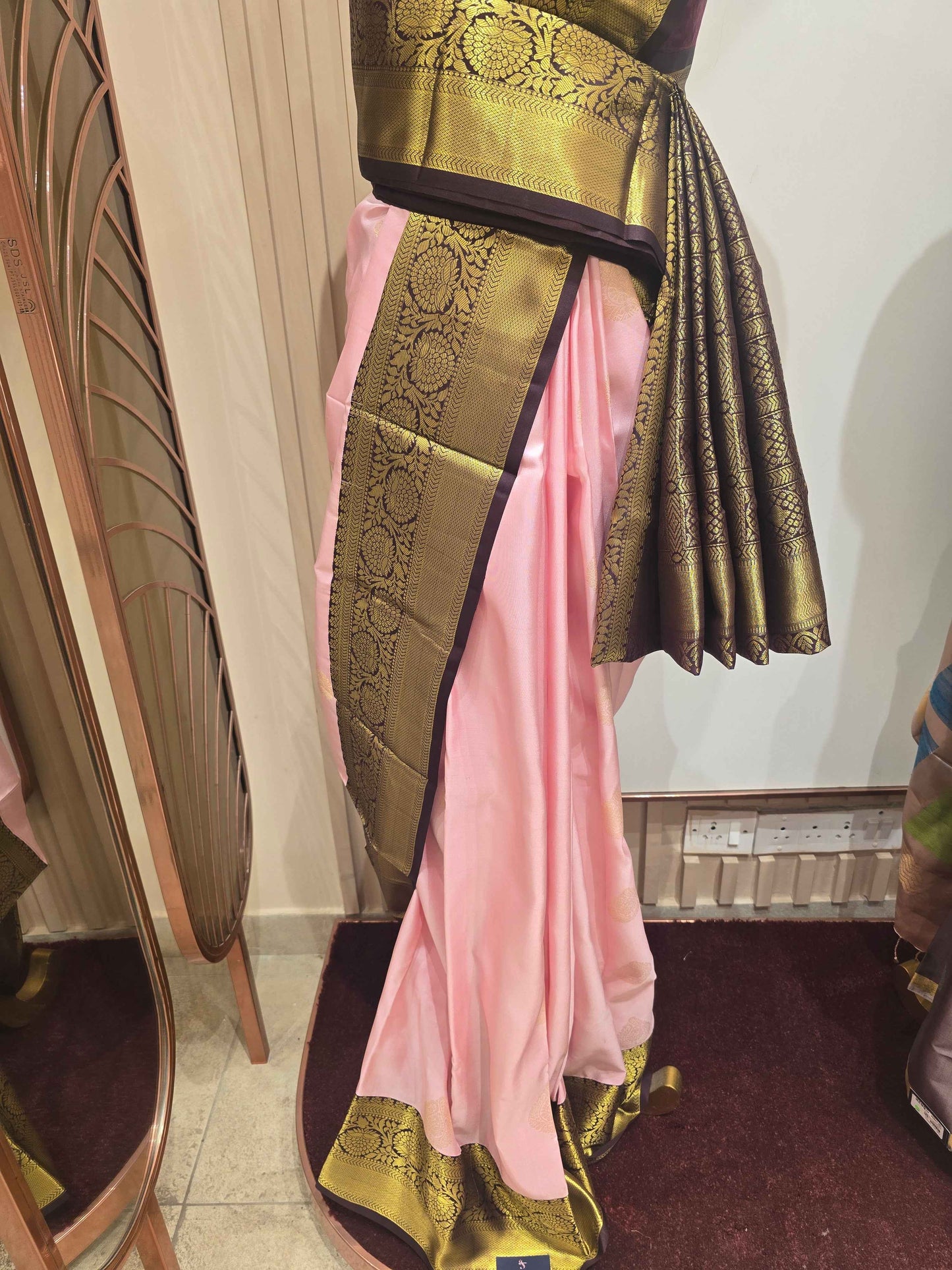 Pure Kanjivaram silk saree , baby-pink with brown color and traditional motifs