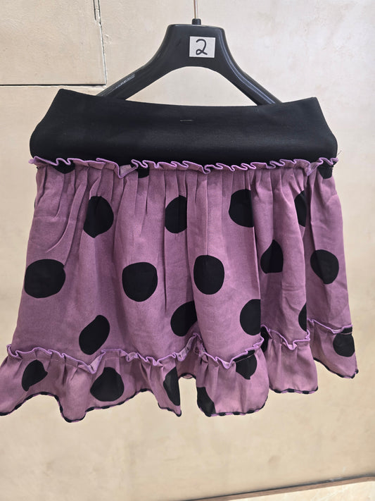 Girls Cotton Casual Wear Skirt in Purple with Black Polka Dot Design and Floral Tie Detail for Summer Wear