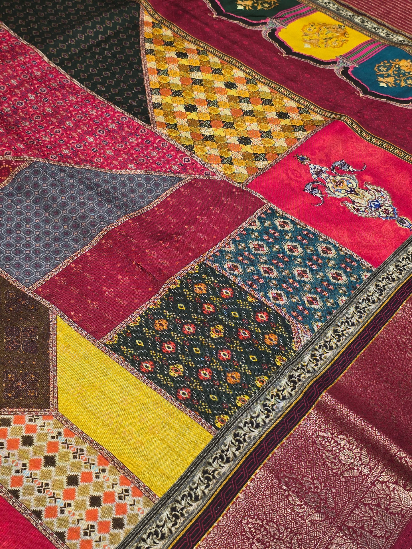 Semi Crepe Printed Silk Saree with Banarasi Border and Contrast Butta Blouse | Festive & Party Wear