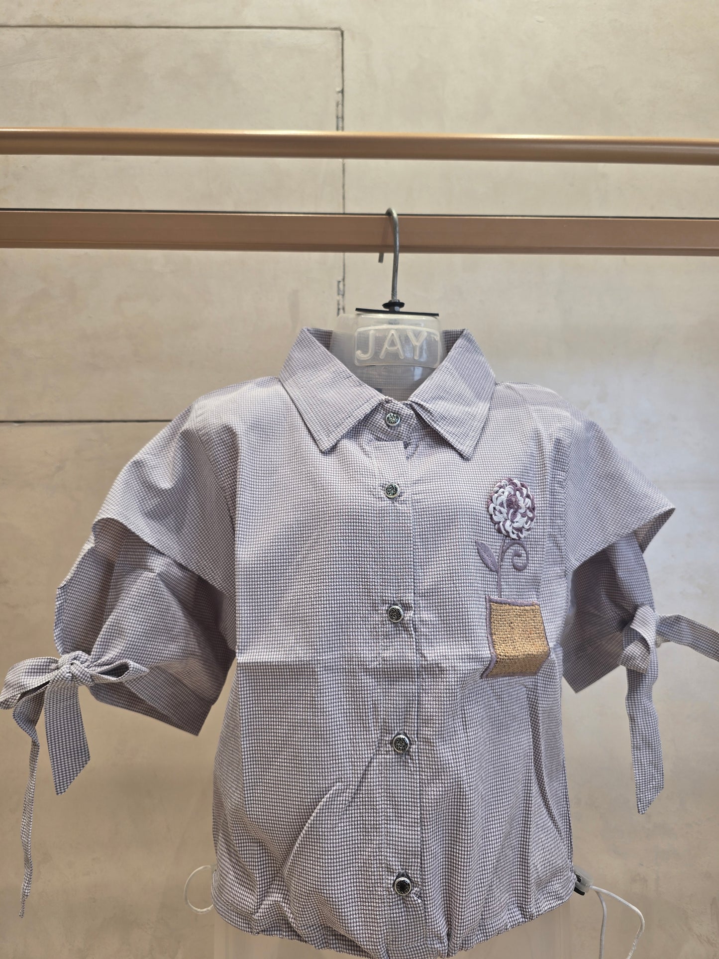 Light Grey Micro-Checked Cotton Mix Western Top for Girls with Dual-Tone Floral Detail & Tie-Up Sleeves – Party Wear