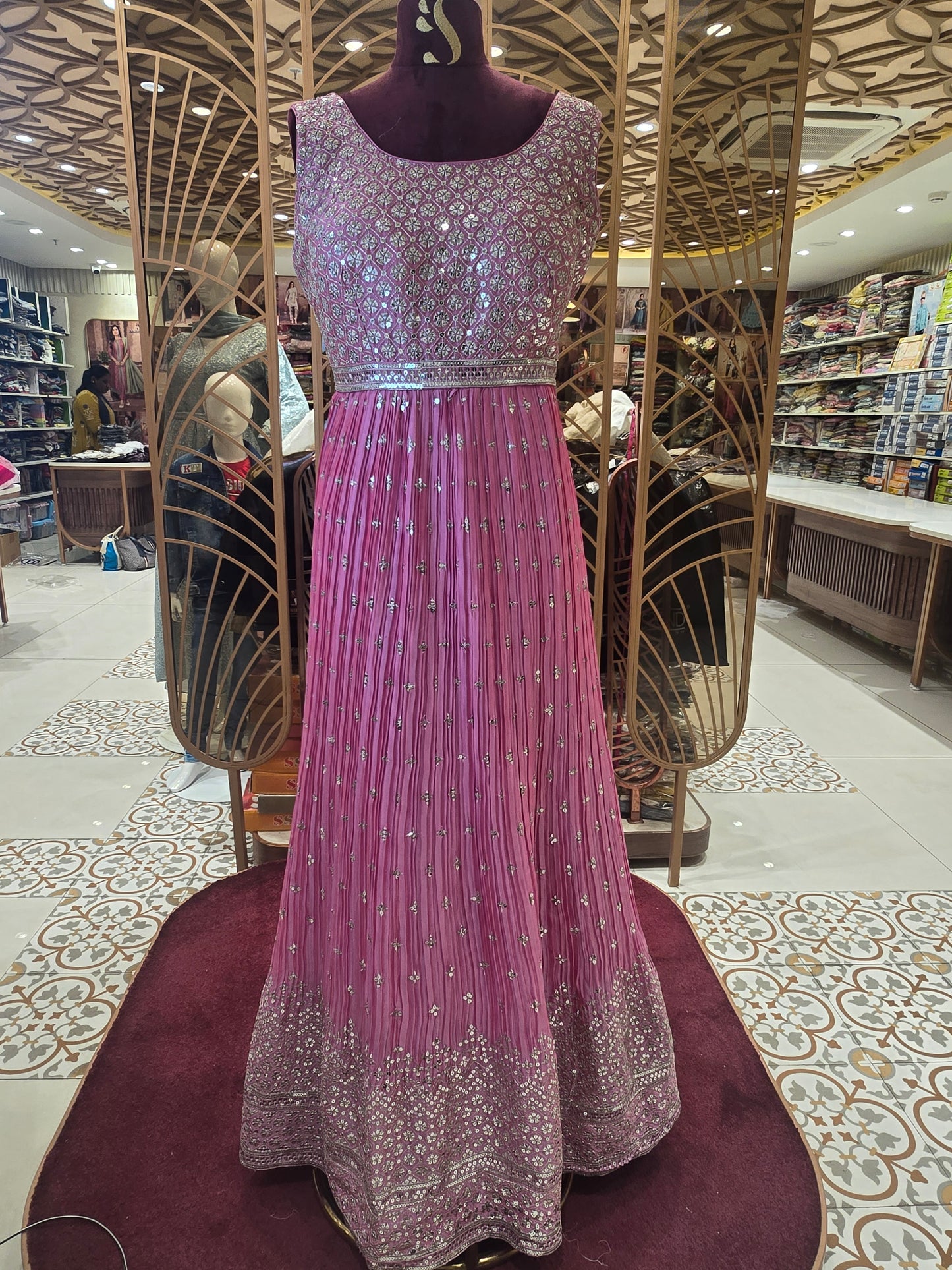 Women’s Tissue Crush Party Wear Gown in Baby Pink with Flower Designed Sequins Work and Sequence Border Dupatta for Festive Occasions