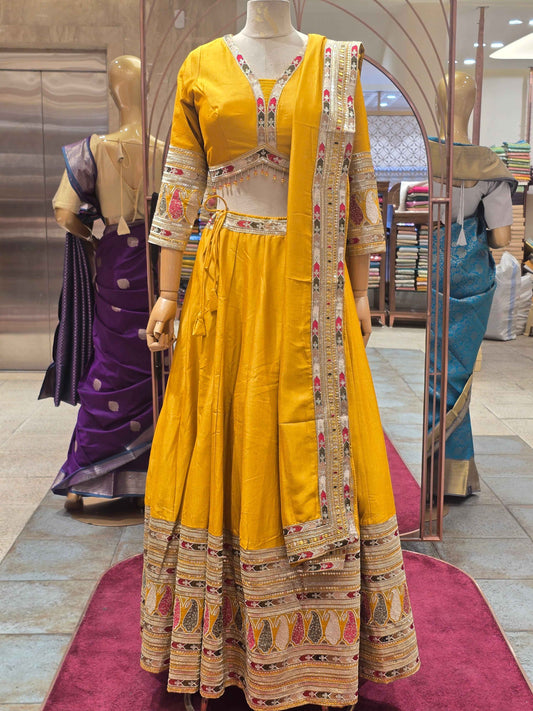 Satin crepe material  lehenga with embroidery work