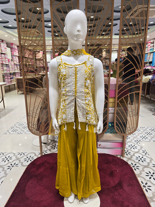 Mustard Yellow Georgette Indo Western Palazzo Set for Girls with Floral Embroidery & Cape Cut Blazer – 3 Piece Set