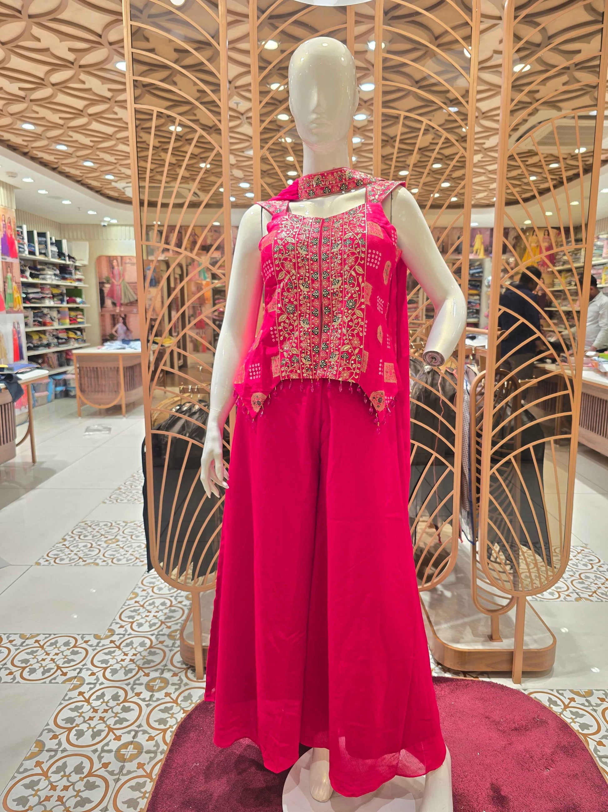 Shiffon Georgette material Cherry pink colour sharara set wuth Bhavini print