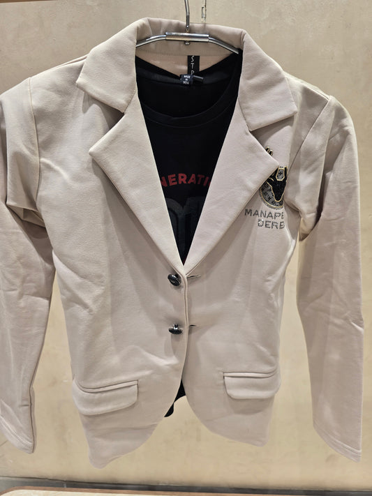 Cotton Fancy Cream Blazer with Stylish Logo & Pocket Design Paired with Pure Cotton Printed T-Shirt – Two-Piece Boys Set (Age 8)