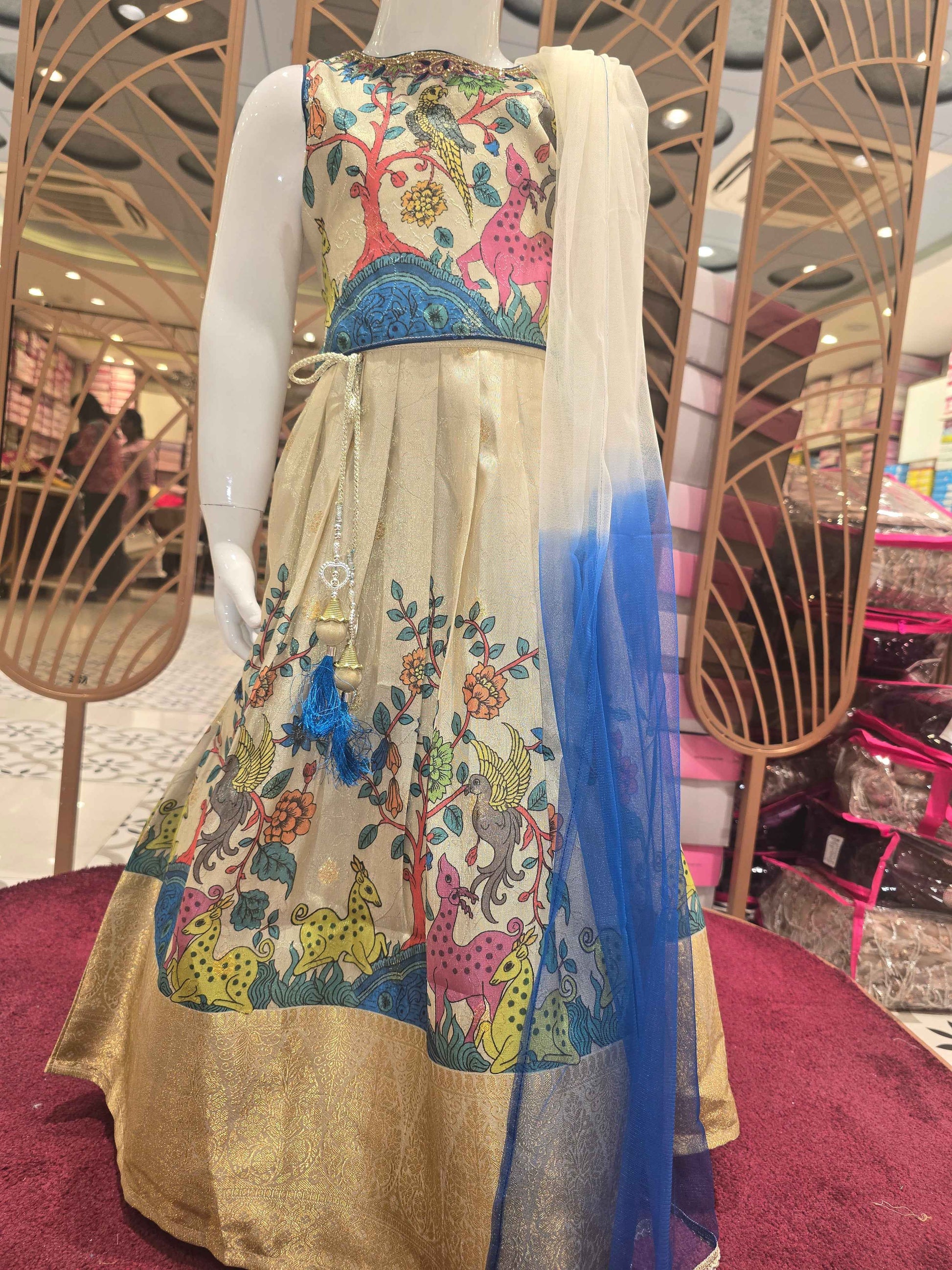 Banarasi material cream colour traditional kalamkaari gaghra with  beats work on round neck