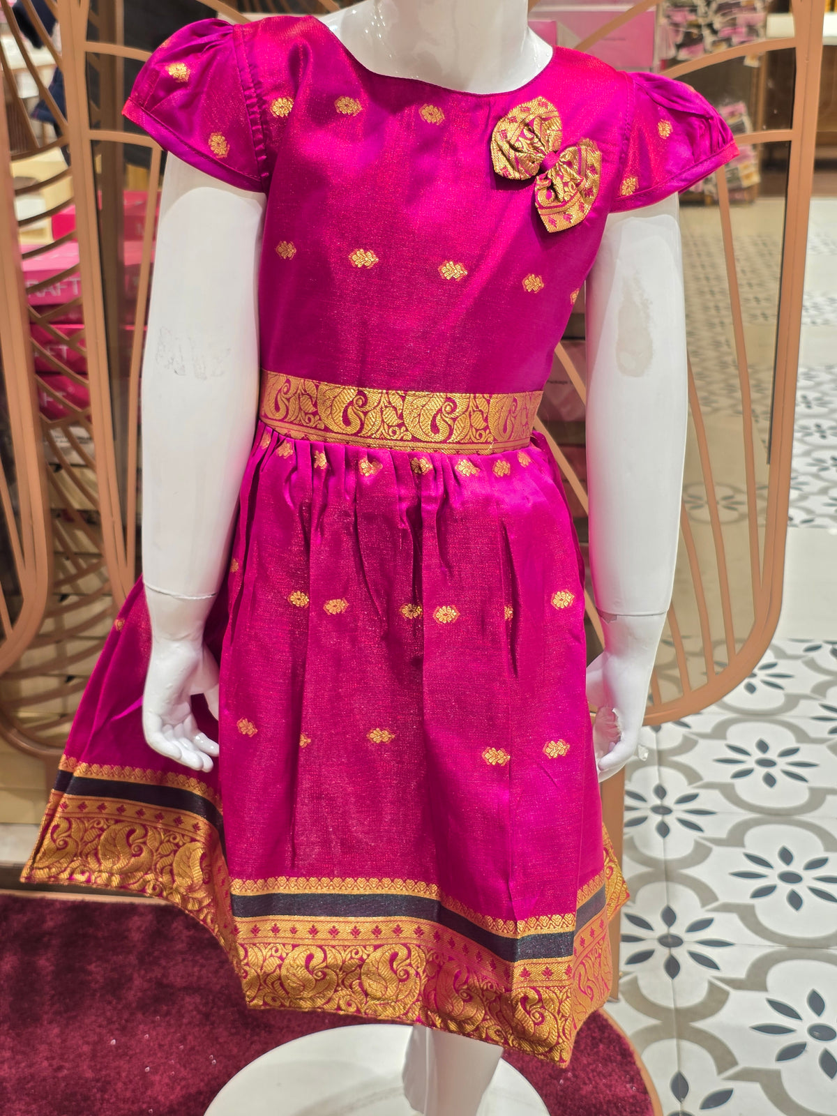 Pink South Indian Pattu Pavadai Style Cotton Frock for Girls