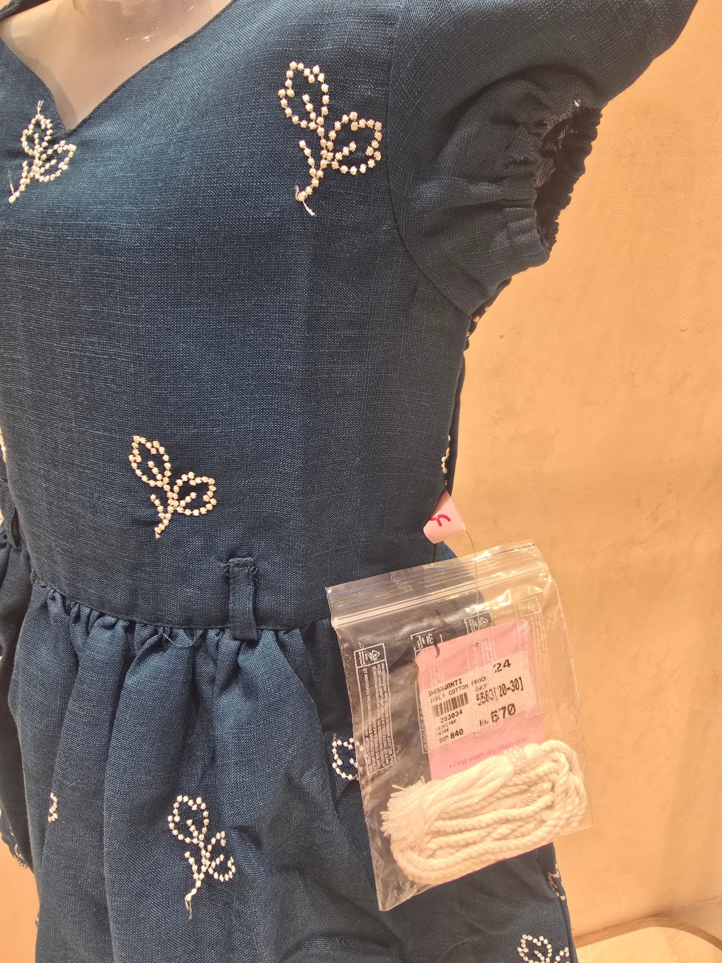 Peacock Blue Linen Cotton Frock with Thread Embroidery & Puff Sleeves