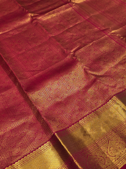 Exclusive Pure Handloom Kanjivaram Silk Saree with Rudrakshi Style Motifs, Traditional Leaf Designed Border and Rich Pallu for Wedding Occasions
