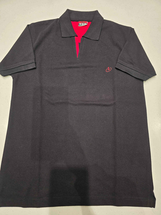 black or dark charcoal knit polo shirt featuring a red contrast inner placket and an embroidered chest logo