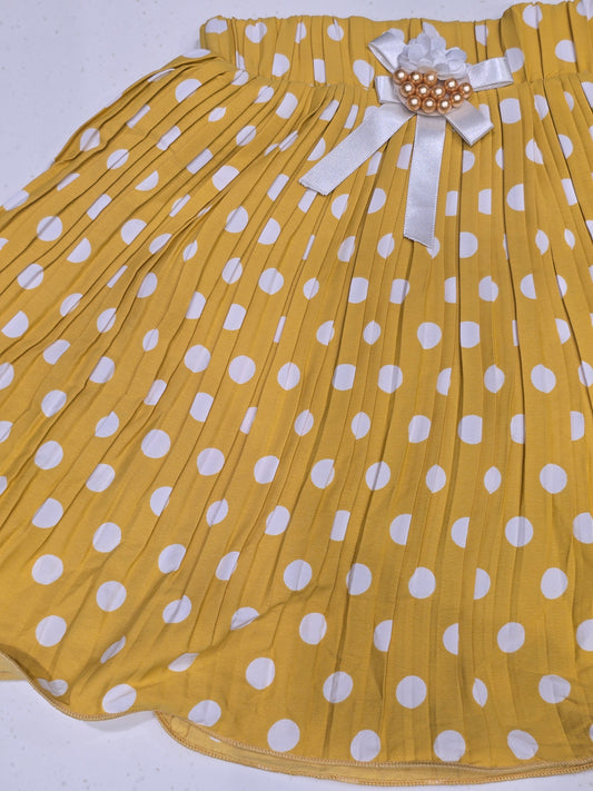 mustard yellow and white polka dot pleated skirt