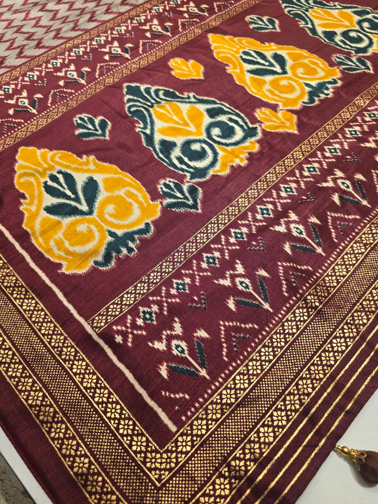 Semi Patola Silk Saree with Traditional Ikat Weaving & Zari Border | Elegant Festive & Wedding Wear Saree for Women