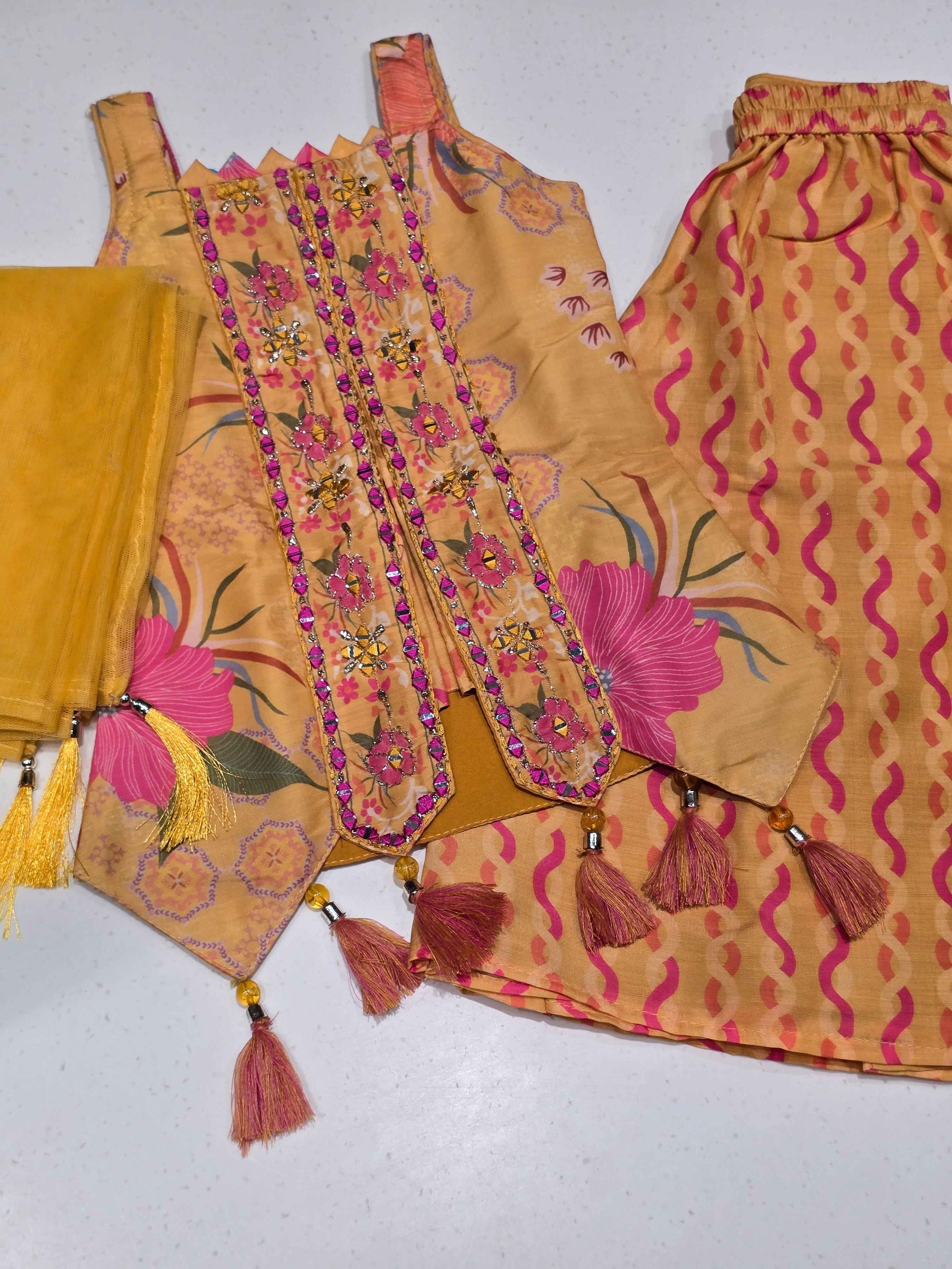 Crepe material mustred color sharara set with slit cut top
