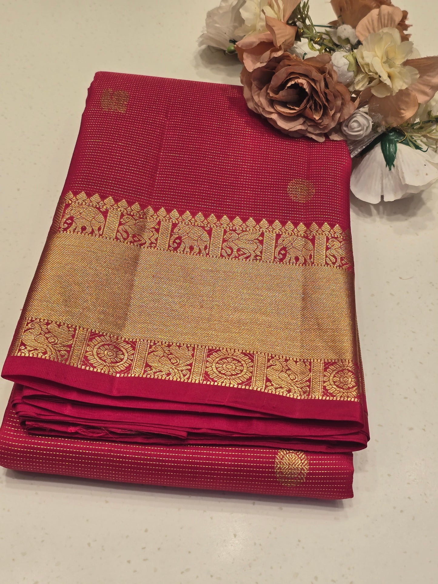 Pure Kanchee Handloom Silk Saree with Micro Horizontal Pattern, Traditional Zari Border & Rich Bottle Green / Reddish Pink Blouse | Wedding & Festive Wear