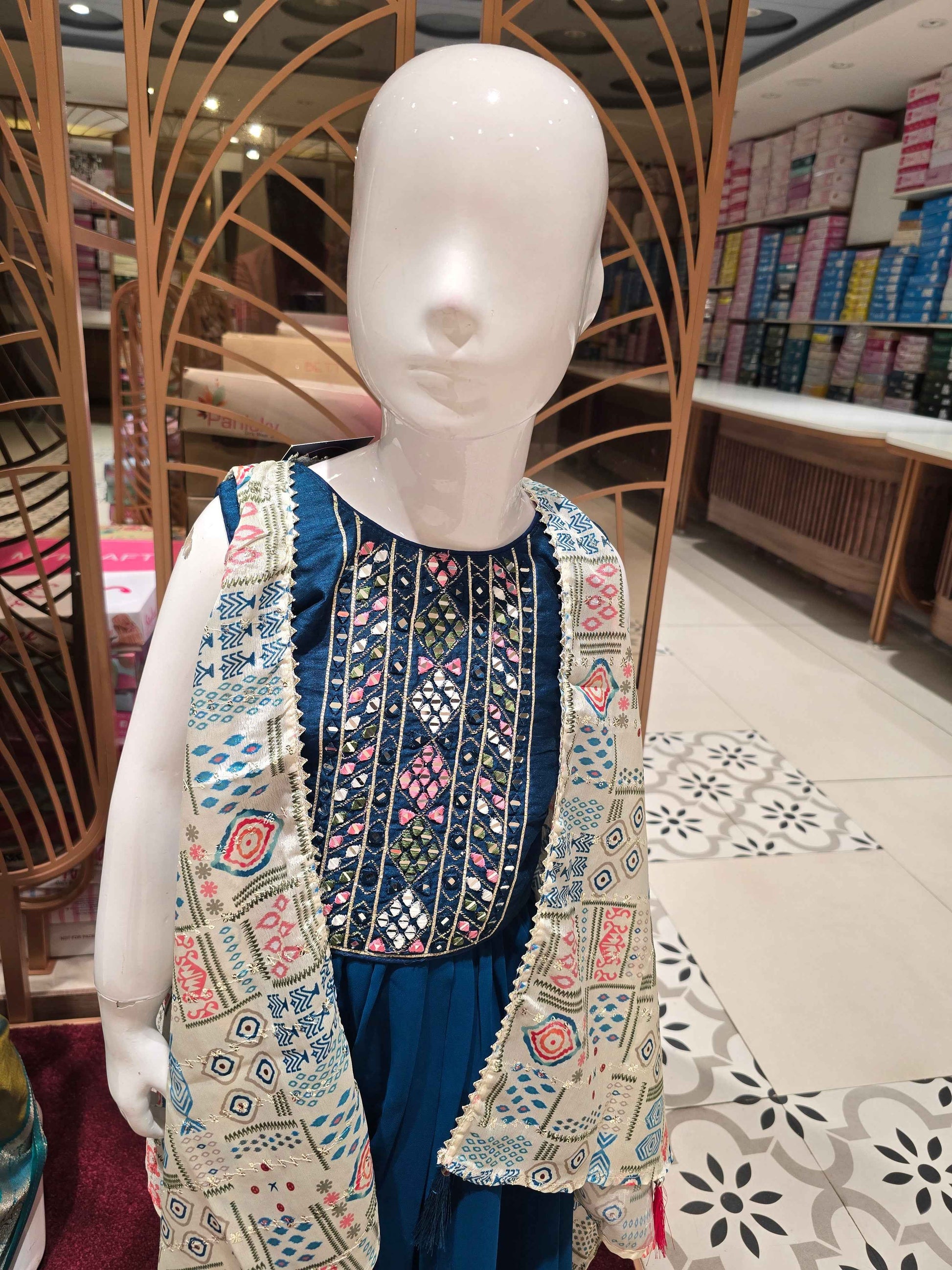 Shiffon material teel blue color sharara set with round neck