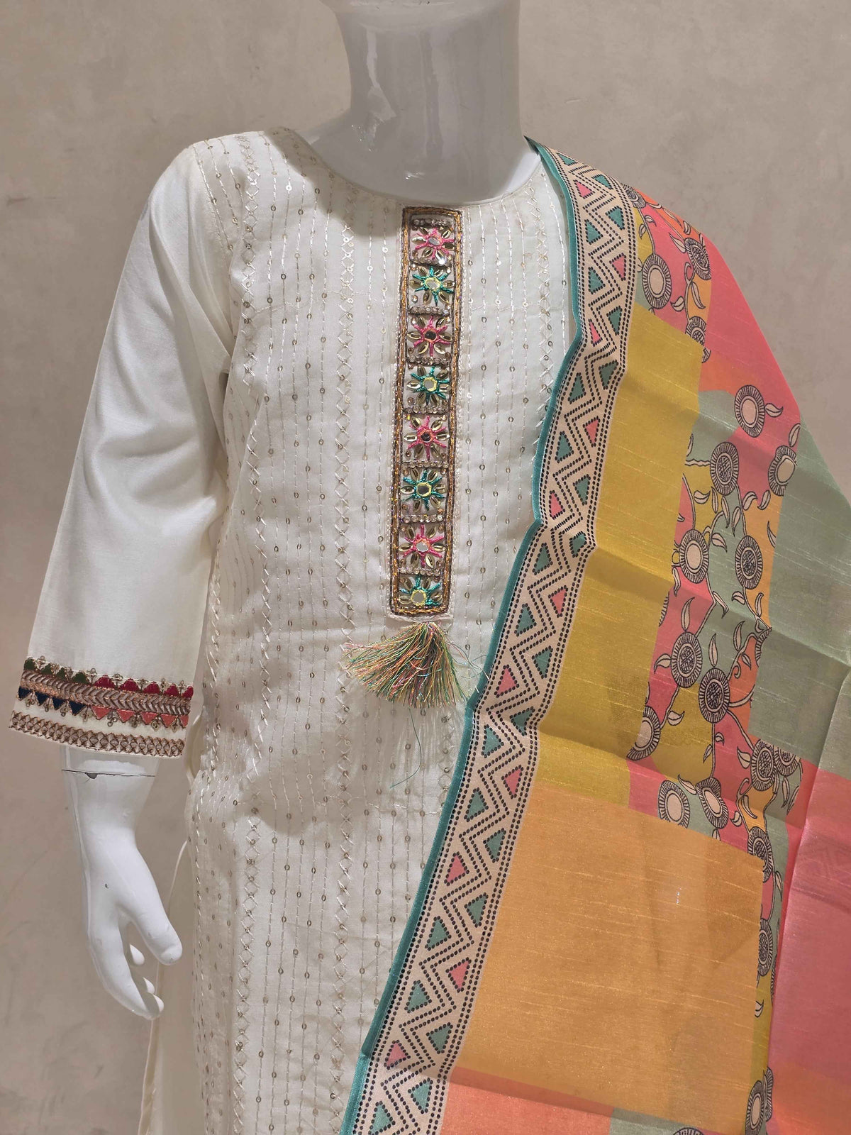 Chanderi silk material half white colour Chudidar set with embroidery & sequin work