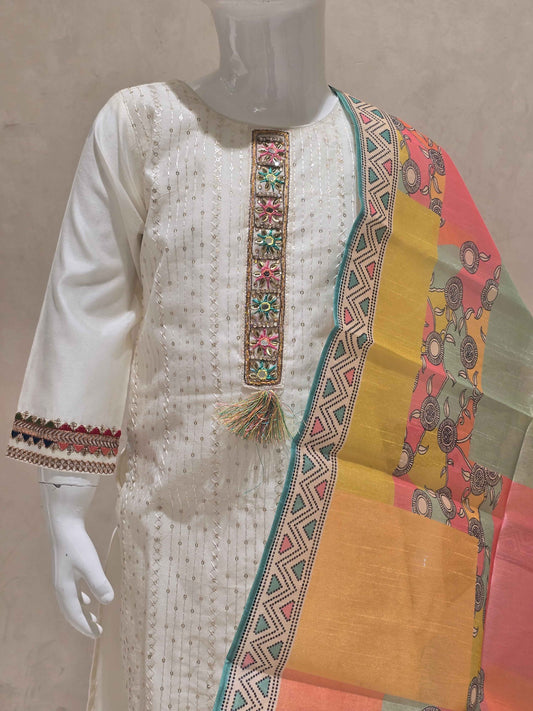 Chanderi silk material half white colour Chudidar set with embroidery & sequin work