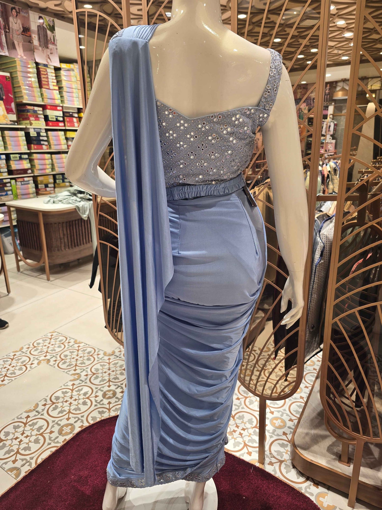 Women Sky Blue Lycra Satin Ready to Wear Saree Set