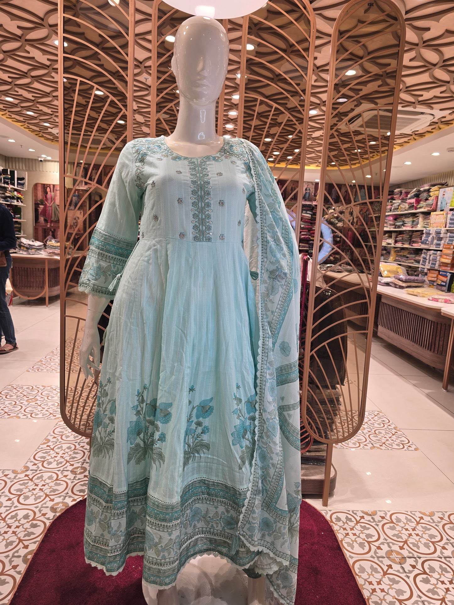 Sky Blue Cotton Anarkali Kurti Set for Women with Floral Printed Border, Micro Cutwork Detailing and Round Neck