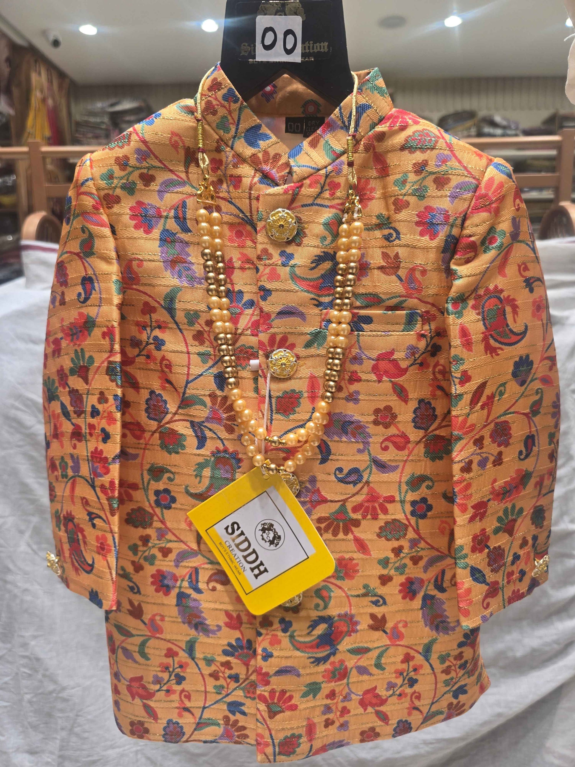 Boys Multi Colour Dupion Silk Indo-Western Set with Mala
