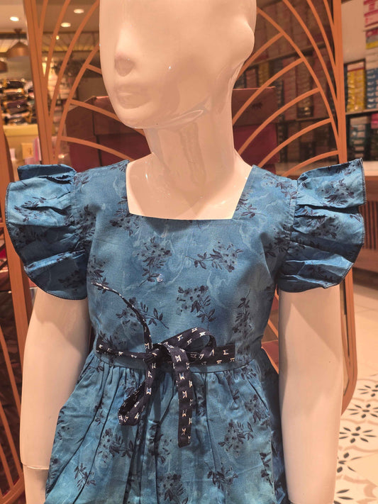 Girl Dual Blue Printed Cotton Short Frock
