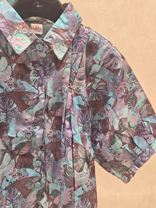 Girl Multi Leaf Printed Satin Western Shirt