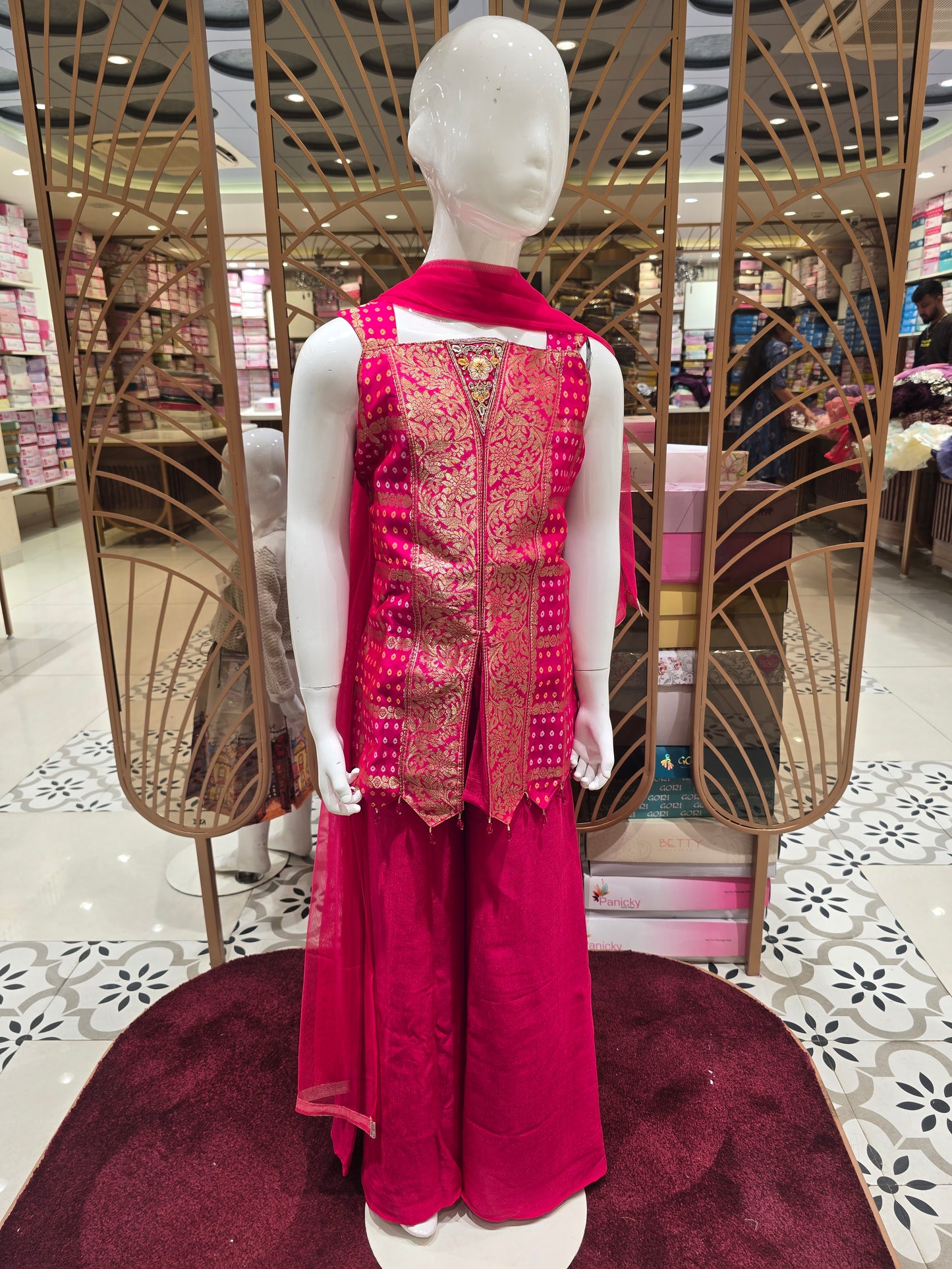 Rose Pink Tissue Silk Indo Western Palazzo Set for Girls with Banarasi Floral Design, Cape Cut Blazer & Embroidered Border – 3 Piece Set
