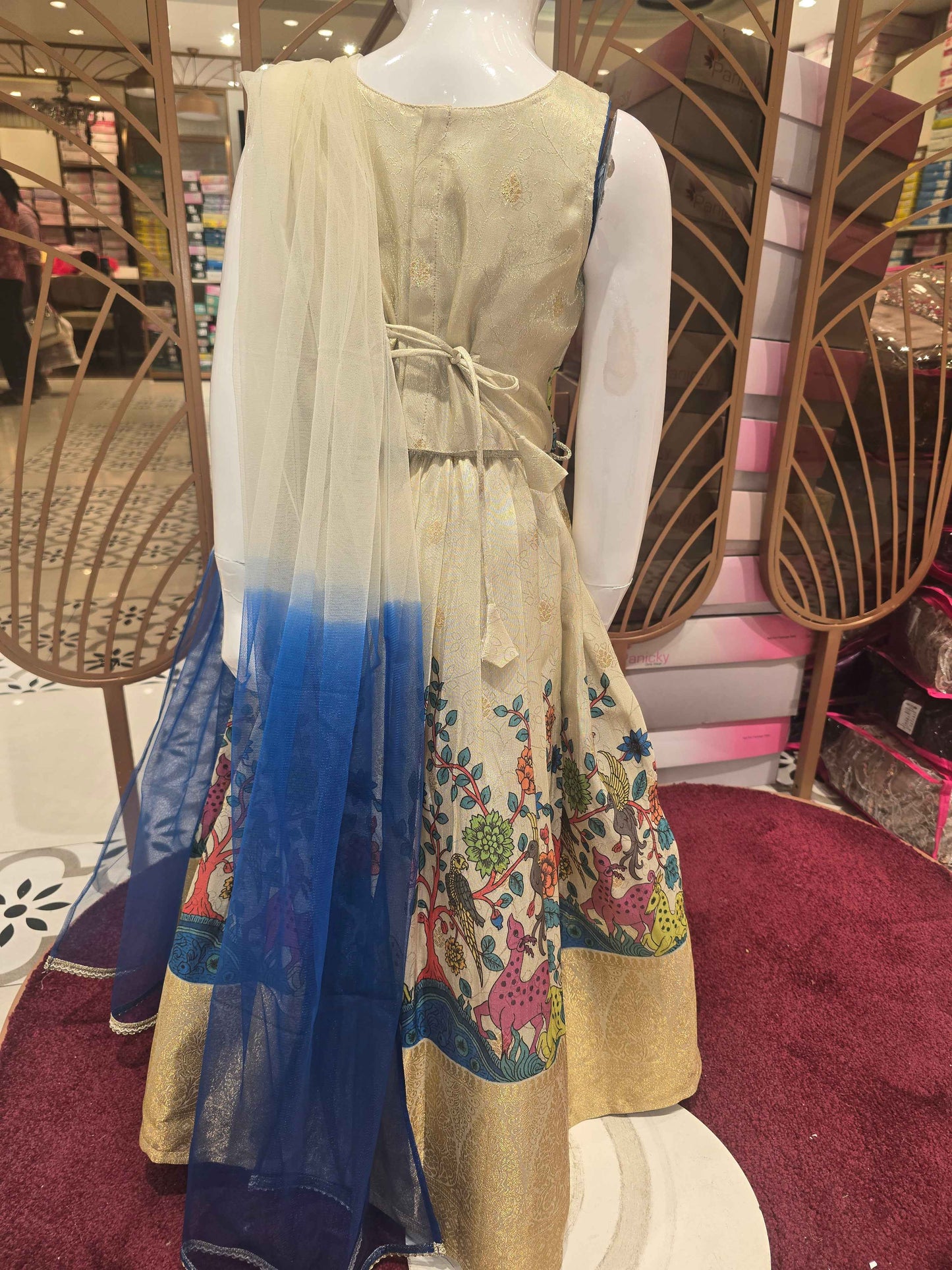 Banarasi material cream colour traditional kalamkaari gaghra with  beats work on round neck