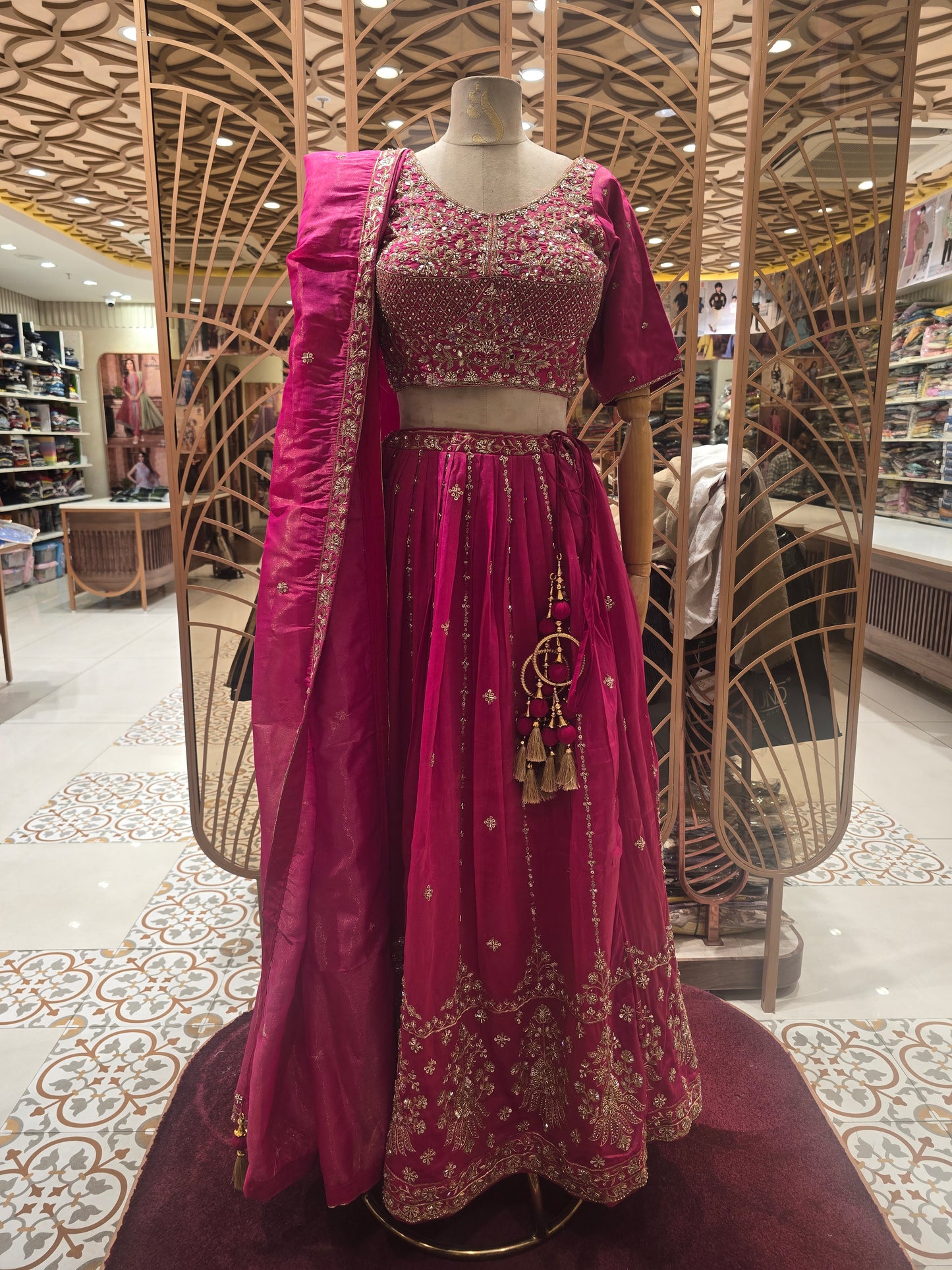 Rani Pink Tissue Bridal Lehenga with Handwork Blouse & Stone–Sequin Detailing | Elbow Sleeve & Tissue Dupatta